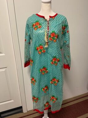 Aqua Turquoise Embroidered Pakistani Kurta Size L Sequin Floral Net Red Trim